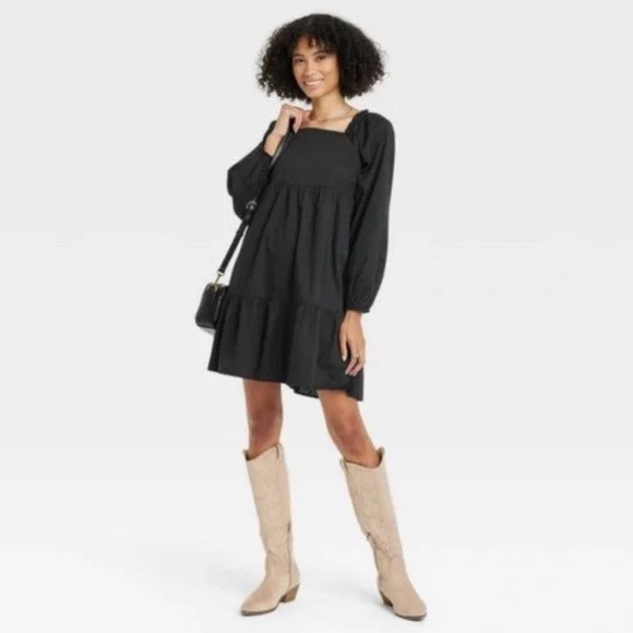 Universal Thread Black Puff Sleeve Mini Shift Dress Pockets Size M Boho Festival - Picture 1 of 9